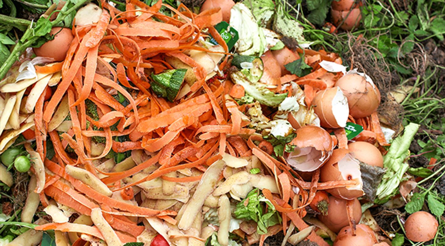 Billedet viser en bunke fødevarerester - kartoffelskræller, gulerødder, æggeskaller, agurk og kål - lagt til kompostering
